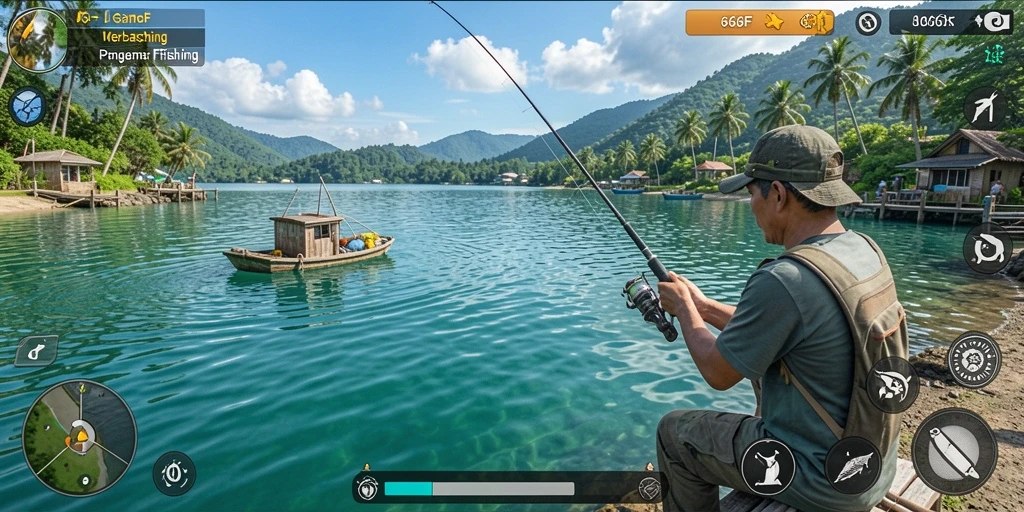 Tampilan gameplay 666F yang menampilkan aksi memancing seru.