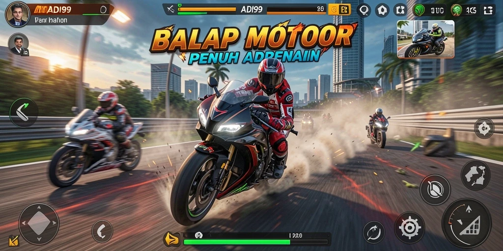 Screenshot gameplay ADI99 menampilkan aksi balap motor yang mendebarkan.