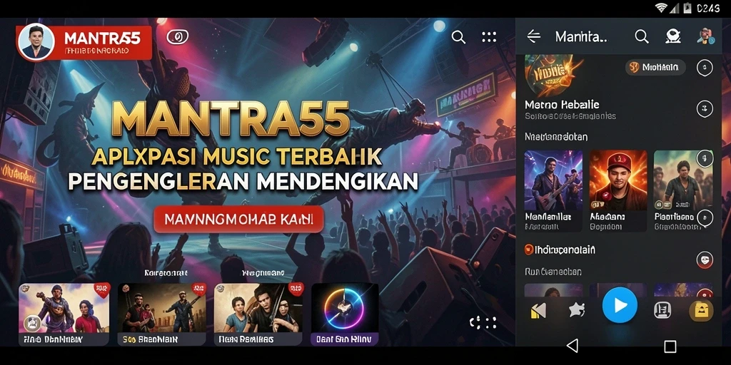 Screenshot utama MANTRA55 yang menunjukkan gameplay interaktif musik.