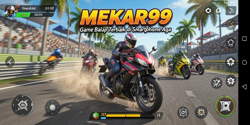 Tampilan gameplay MEKAR99 dengan balapan motor yang seru dan menegangkan.
