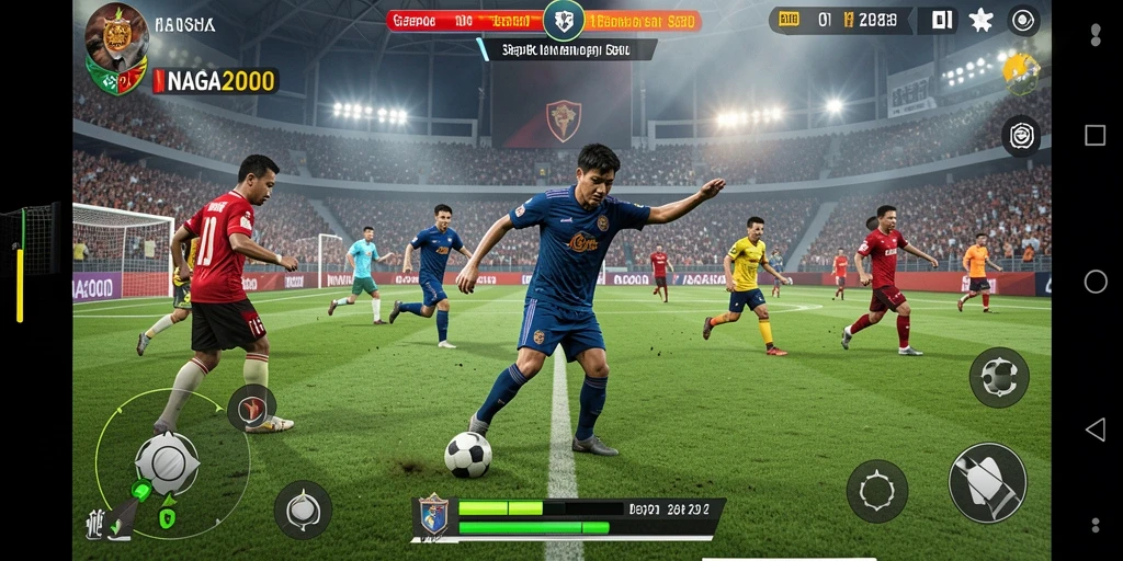 Tampilan gameplay NAGA2000 yang seru dan mendebarkan dalam pertandingan sepak bola.