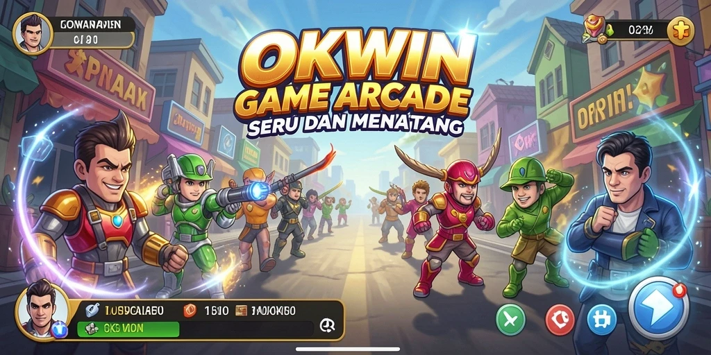 Screenshot utama OKWIN menampilkan aksi seru dalam gameplay Arcade.