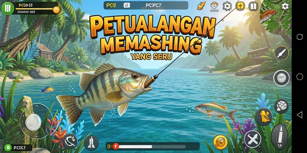 Tampilan gameplay PCPC7 yang menarik saat memancing di danau.