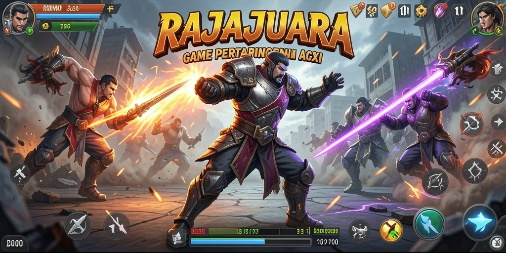 Tangkapan layar permainan RAJAJUARA yang menampilkan serunya pertarungan.