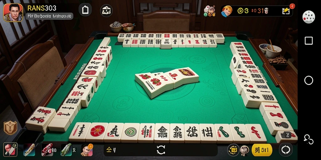 Gameplay seru RANS303 dengan ubin Mahjong yang berwarna-warni.